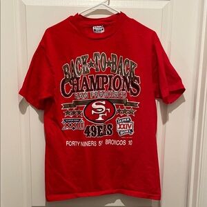 Vintage San Francisco 49ers Red Champions T-Shirt. Super Bowl XXIII and XVIV